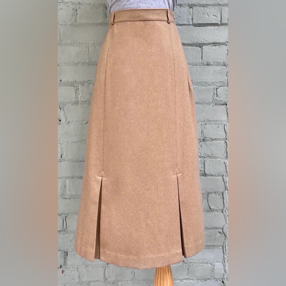 Vintage Beige Wool Midi Skirt with Kick Pleats